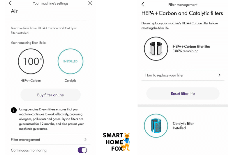 Im Filtermanagement der Dyson Link App findet man die restliche Lebensdauer der Filtereinheiten